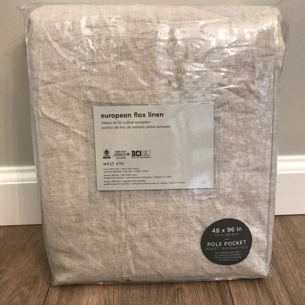1 Curtain Panel 48” x 96”, West Elm, 100% European Flax Linen in Natural.